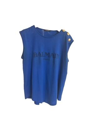 Balmain Paris 2012 Military Logo Tank Royal blue EUC gold button sleeveless top